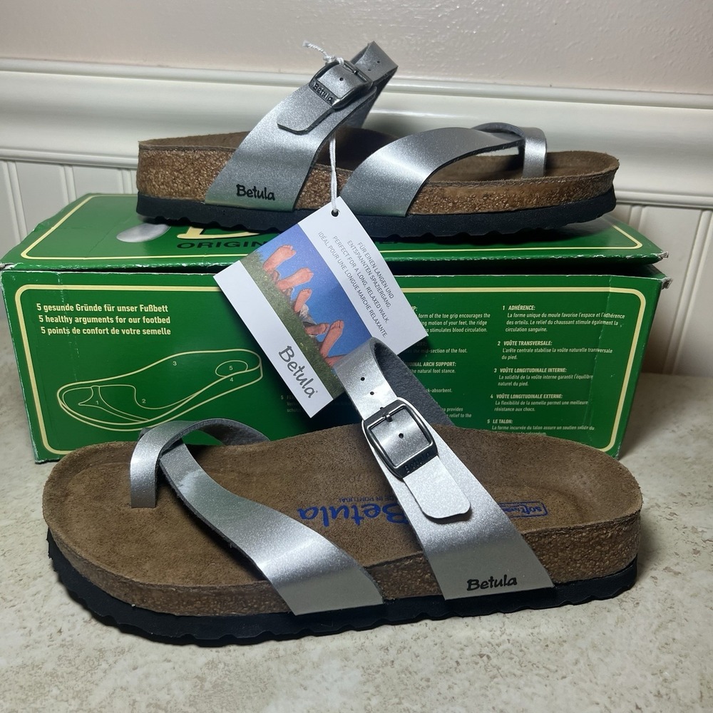 Betula Birkenstock Mia Metallic Silver Toe Loop Slide Sandals Size 37 New In Box